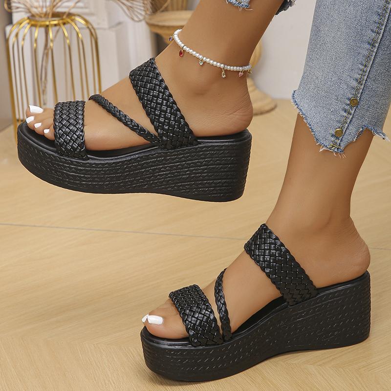 Women Summer Fashion Woven Wedge Sandals Black White Chunky Platform Slippers Woman Thick Sole Non Slip Beach Slides Plus Size