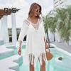 Beach Cover Up Dress V-Neck Woven Hollow Neckline Fringed Cuffs Hem Bikini Cover Up UV Protection Beach Dress