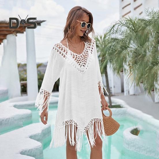 Beach Cover Up Dress V-Neck Woven Hollow Neckline Fringed Cuffs Hem Bikini Cover Up UV Protection Beach Dress