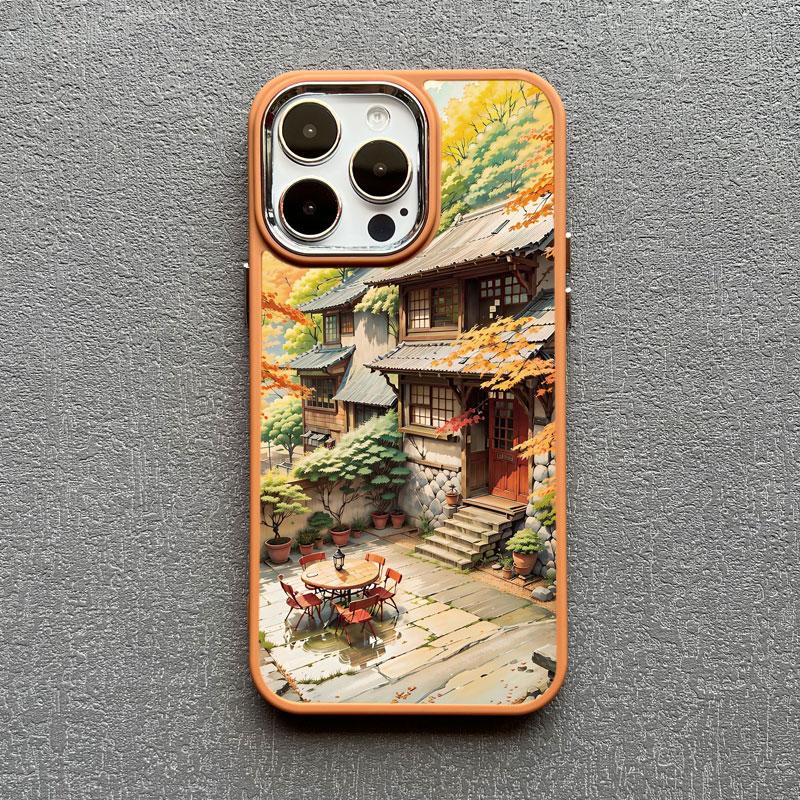Vintage Oil Painting House Phone Case For iPhone 16 15 14 Pro Max 11 13 12 Pro MAX 7 8 Plus XR X Flower Courtyard Silicone Cover