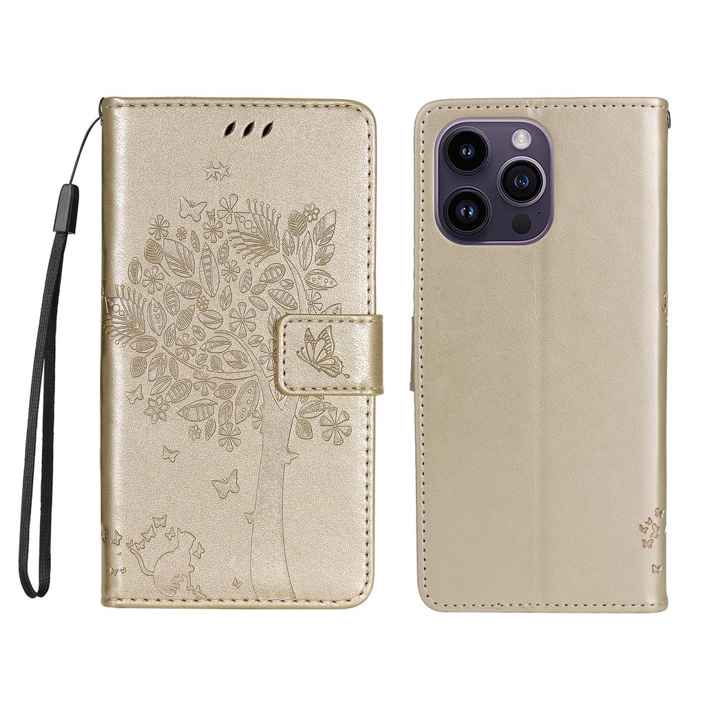 For iPhone 15 Pro Max Phone Case with Stand Cat Tree Pattern Leather Wallet Mobile Cover