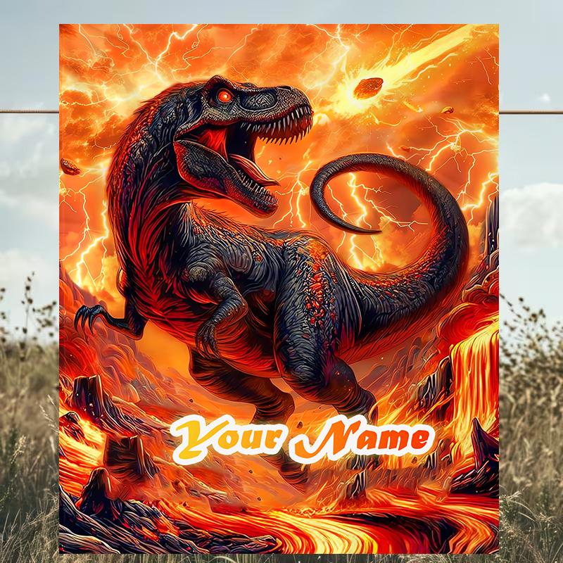 1PC Custom Name "Fiery Dinosaur Adventure" Outdooor Flannel Blankets Patterns Throw Blanket All-Season Soft Gift for Couch, Bed, Camping Gifts