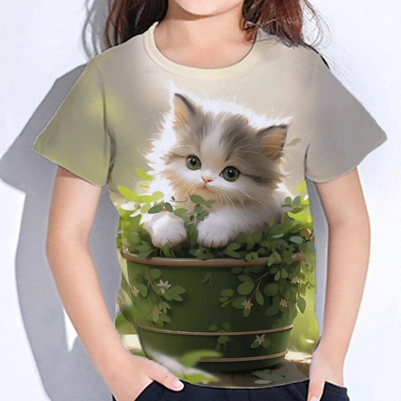 Dívčí oblečení Roztomilé tričko s potiskem kočky Krátký rukáv Dívčí tričko Letní dětské oblečení Tričko s kulatým výstřihem Top Trička Módní dětské tričko