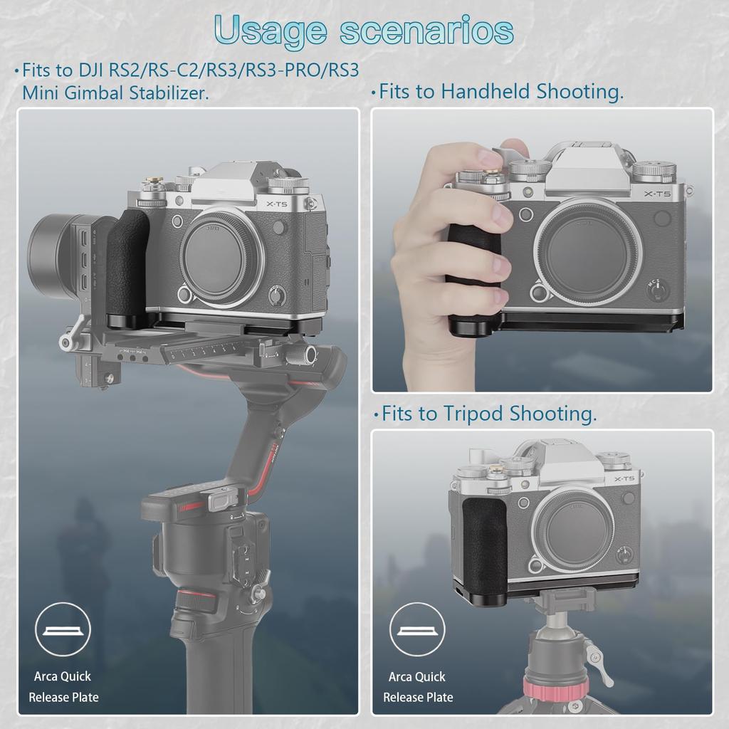 Haoge Handle Grip for Fujifilm XT5 Grip with Ergonomic Silicone Side Handle and Plate for DJI Mini Gimbal Black X-T5 Camera, L-Shaped Arca-Swiss