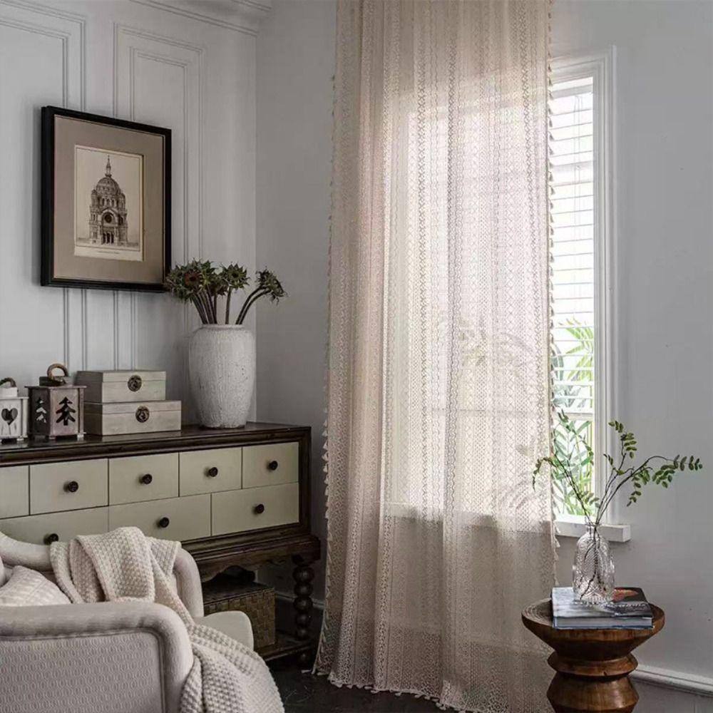 Lace Pattern Vintage Rod Pocket Curtains Tassel Design Geometry Striped Curtains  Window Treatment