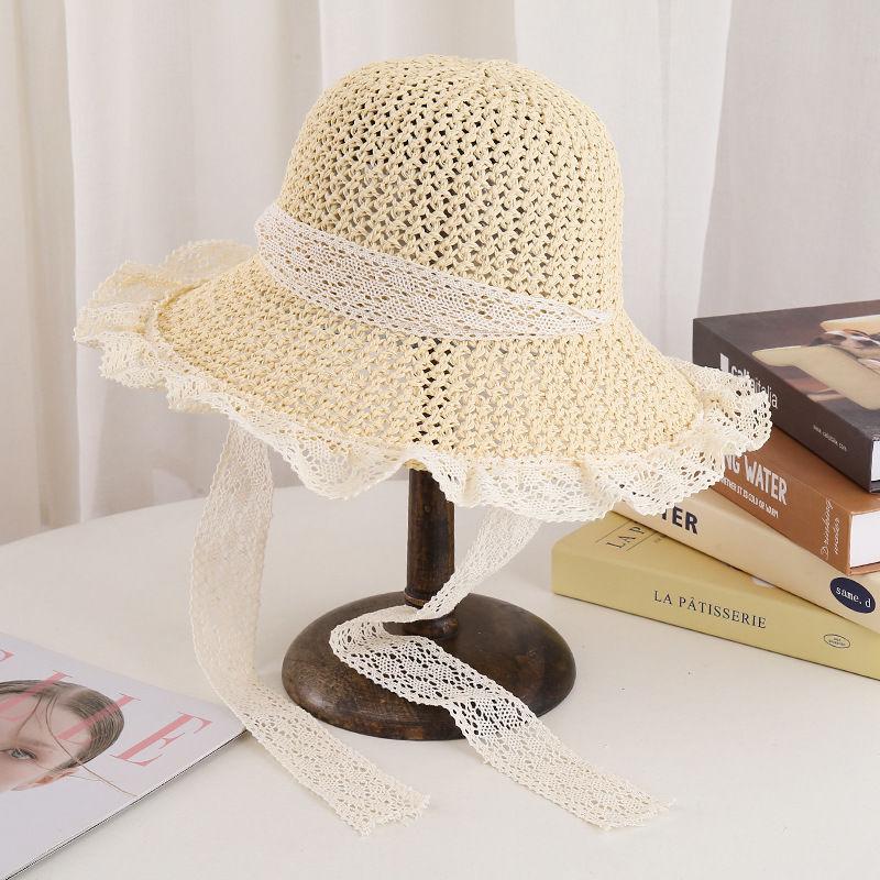 Sunshade Straw Hat Women's Large Eave Lace Bow Sunshade Hat Foldable Seaside Beach Sun Hat