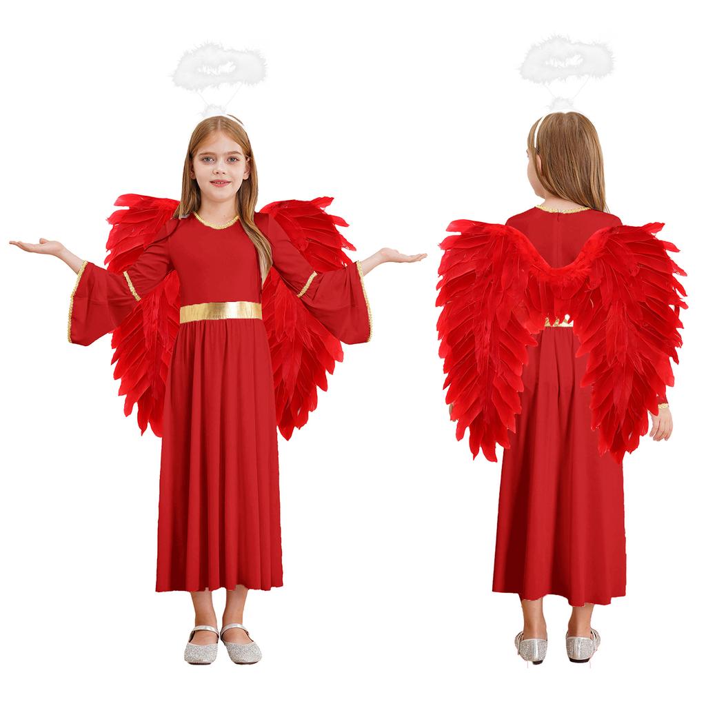 Girls 3 Piece Angel Costume Long Sleeve Gold Trim Gown Feather Hairband Angel Wings Dress Up Performance Outfit