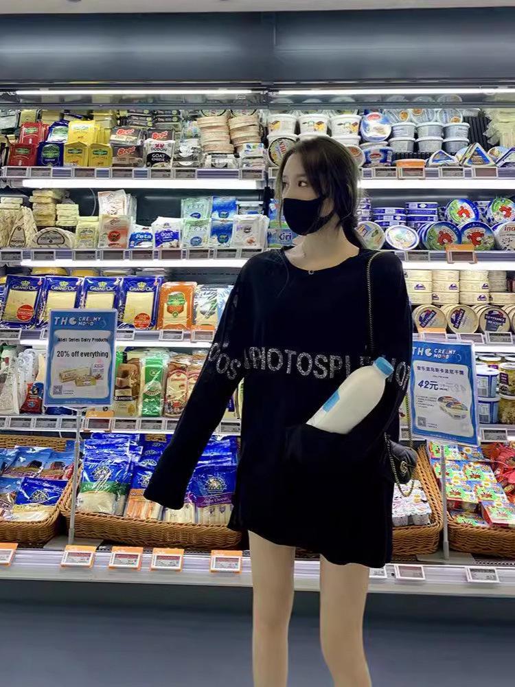 Autumn Women's Trendy Rhinestone Black Long Sleeve Loose Fit Top - Plus Size Slimming Cover-up