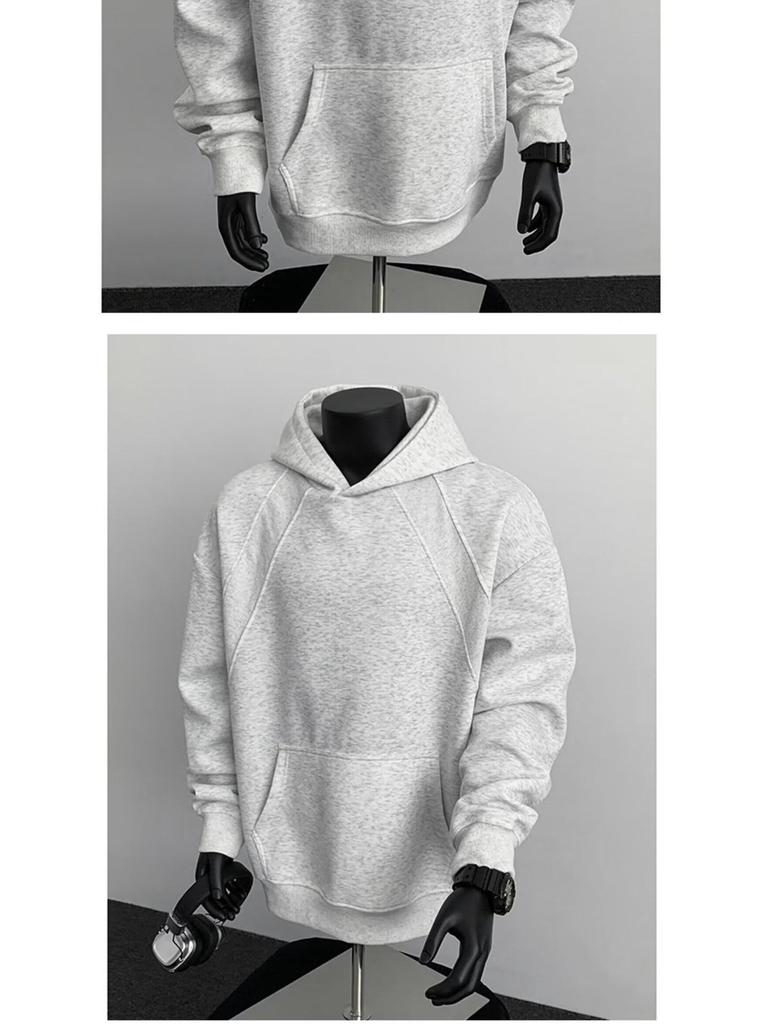 American Style Grey Deconstructed Patchwork Men's Hoodie, Spring/Autumn Trend, High Neck, Socially Anxious Persona, Fashionable Outerwear
