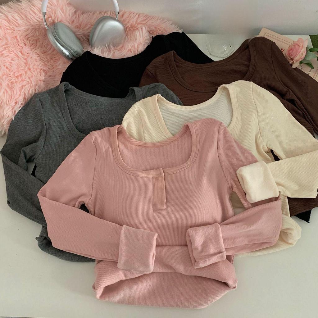 Women's Slim Fit Square Collar Long-Sleeved T-Shirt with Chest Pads for Autumn and Winter