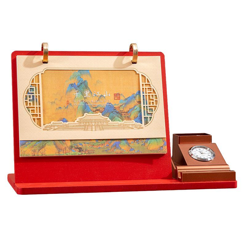 High-End Uhr & Holz-Tischkalender Geschenkbox - Anpassbare Firmengeschenke mit Werbelogo - Ausgabe Jahr des Pferdes