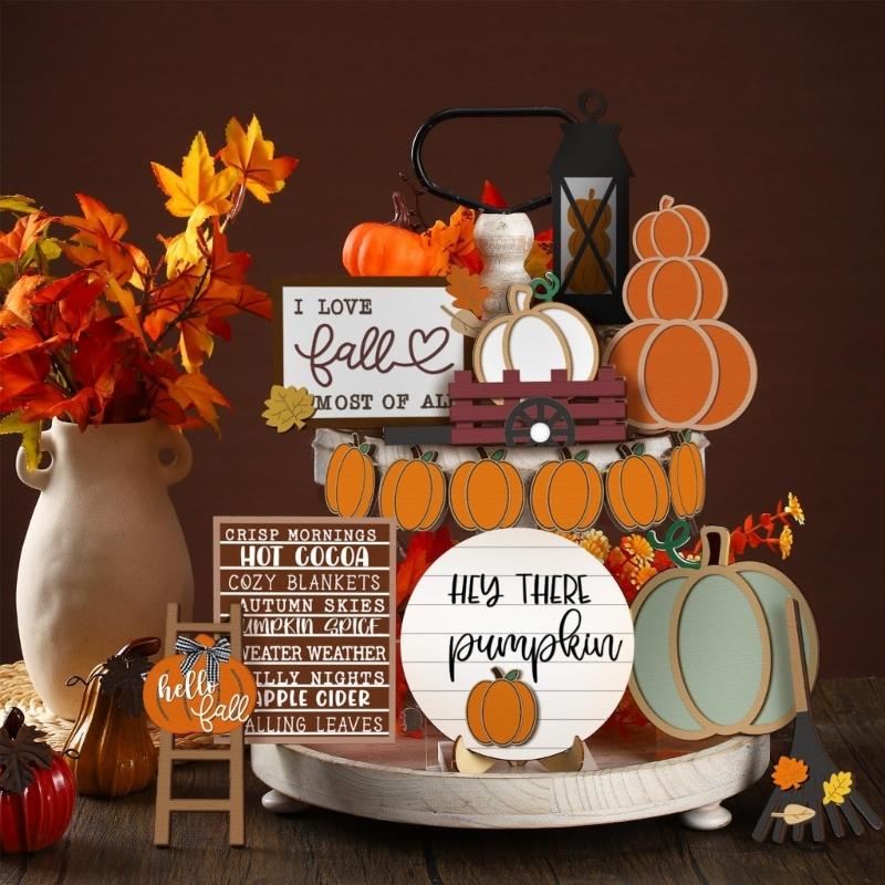 Set of 15 Fall Tiered Tray Decors Autumn Wood Sign Rustics Farmhouse Decors Table Centerpieces for Home Decorations