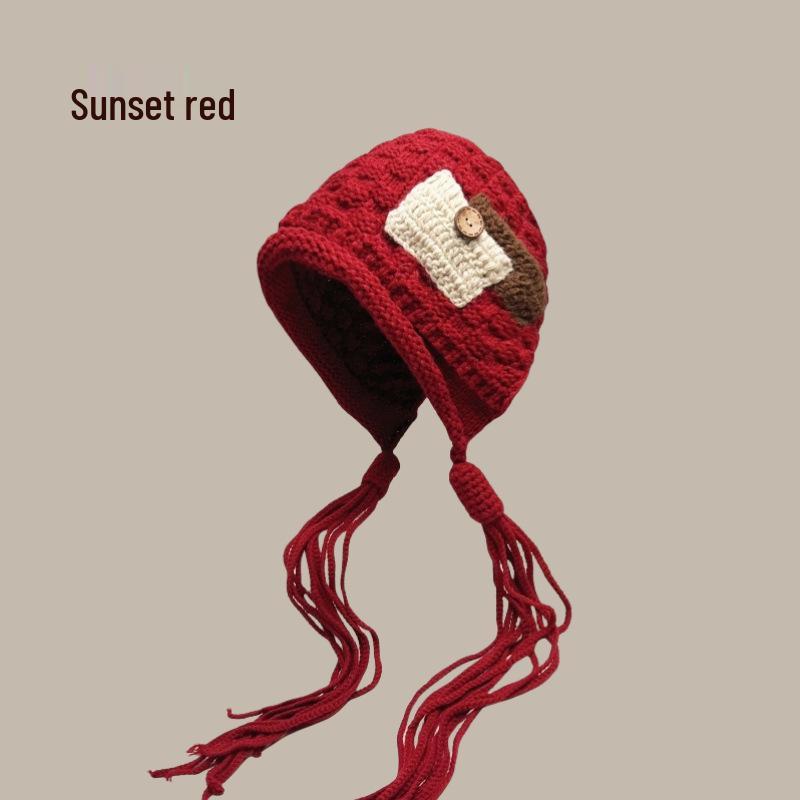 Festive Red Tassel Beanie - Women's Autumn/Winter Ear Protection Hat for Christmas and New Year