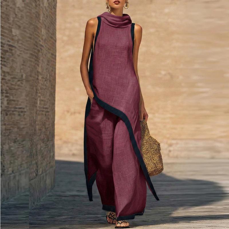 Women Color Block Two Piece Set Cowl Neck Sleeveless Asymmetrical Tunic Top Wide Leg Pants Casual Vacation Outfit
