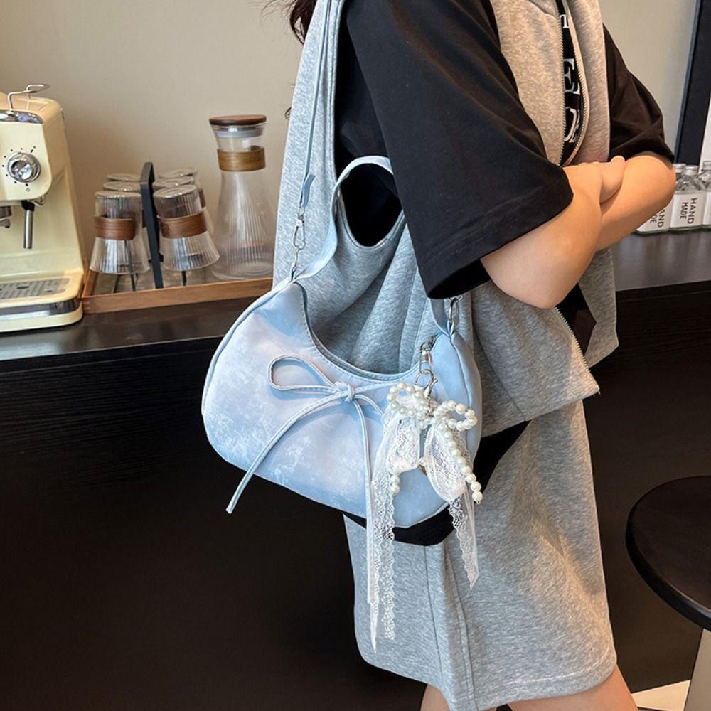 Lace Pearl Pendant Bow Shoulder Bag Large Capacity French Style Handbag PU Hobo Bag  Streetwear