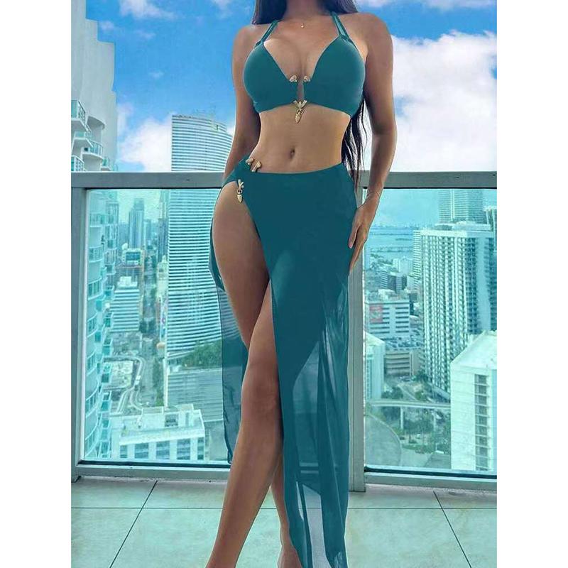 

Сексуальные бикини купальники женская купальная одежда пуш-ап женская пляжная одежда для плавания купальники комплект бикини из трех предметов XL зелёный