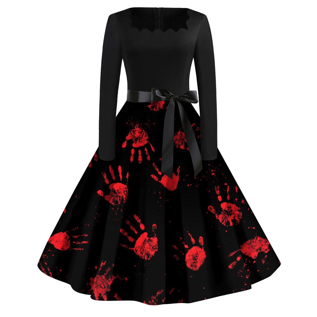 Robe décontractée vintage pour femme avec imprimé Halloween, col carré, manches longues, ceinture à la taille, style rétro, jupe évasée