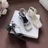 Silver High-end Sandals Women's Thick Heel Summer New Pearl One-word Buckle Open-toed High Heels Women's Middle Heel