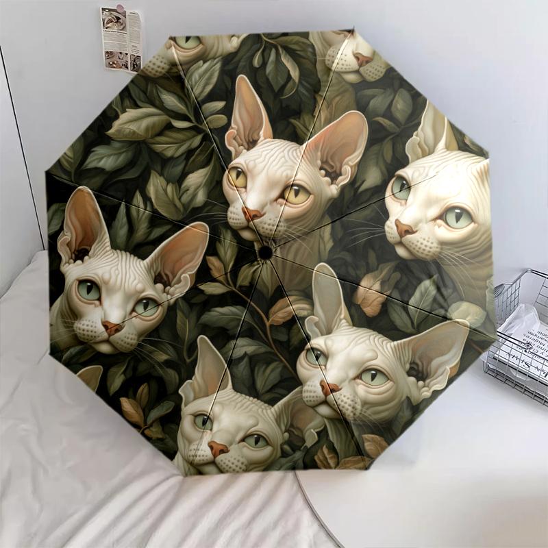 

Hairless Cat and Plant pattern, automatic folding umbrella, portable and foldable design, 8 ribs, a Christmas or birthday gift.