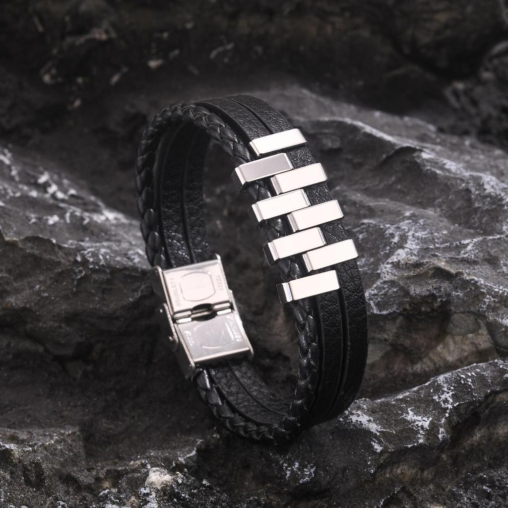 Mens Leather Bracelets,Stylish Stainless Steel 3 Layer Black Bracelets,New Fashion Jewelry Gift for Father Dad Husband BFF Son