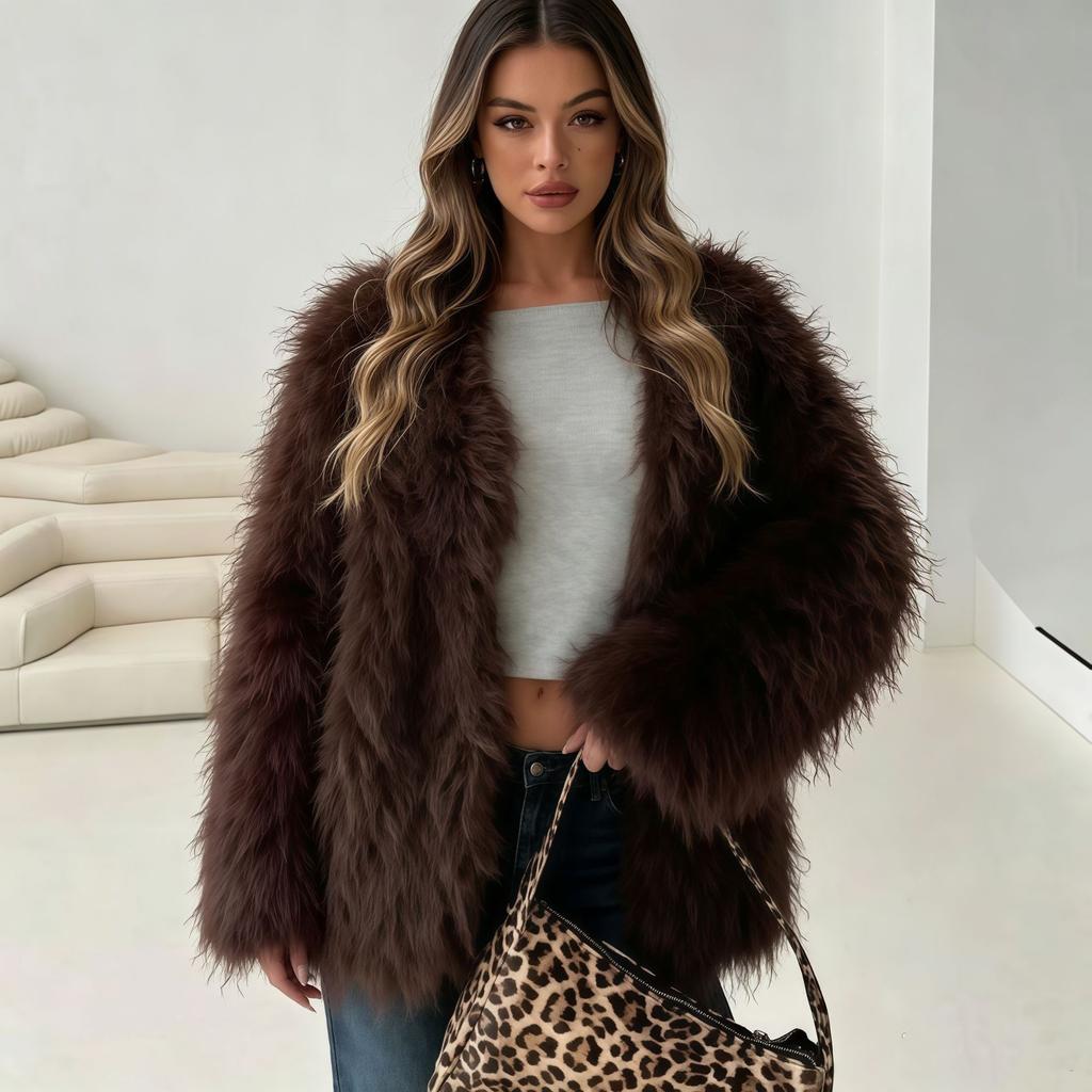 Autumn and winter thickened long-haired beach sheep hair imitation fur jacket women's loose round neck fur coat women's clothing