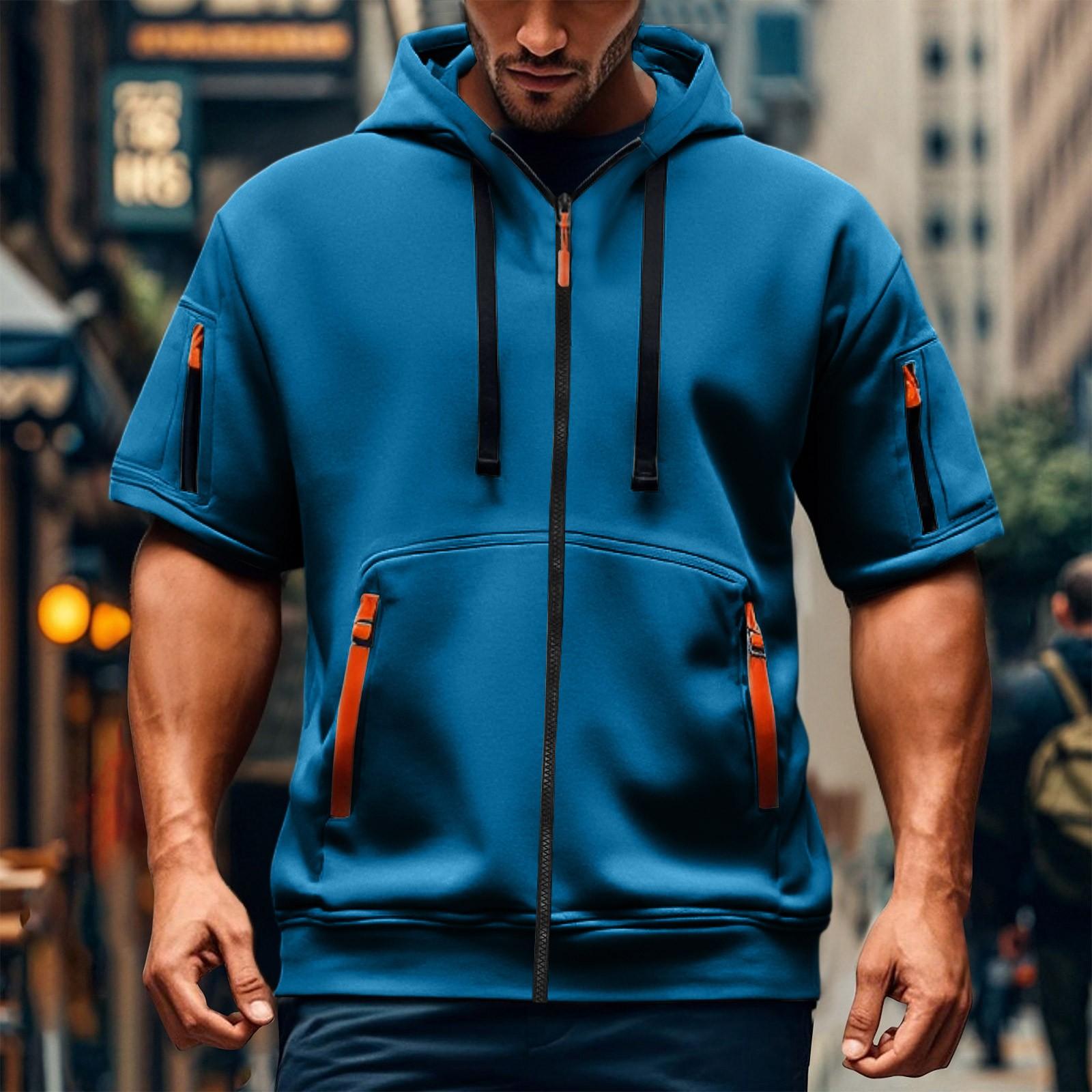 

Мужской повседневный свитер с короткими рукавами и капюшоном M тёмно-синий