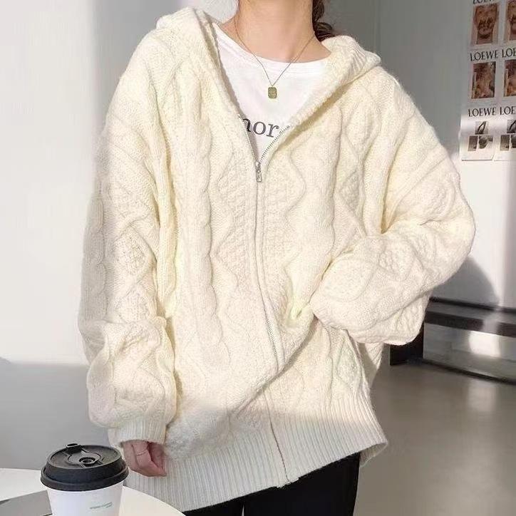 

Twist sweater women s autumn and winter new retro loose lazy outer wear knitted sweater hooded cardigan jacket average size