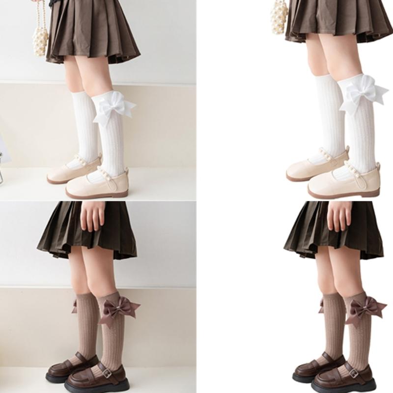 Girls Knee High Cotton Socks Big Ribbons Bow Back To School Socks, Ribbons Bows Long Socks Uniform Party Wear Stockings
