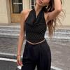 Damen Sommer Halter Neck Schalkragen Streifen Ärmellos Schlank Geschnitten Cropped Lässiges Tanktop