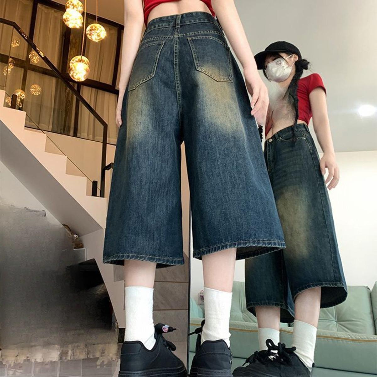 

Джинсы прямого кроя длиной семь четвертей для женщин, корейская версия, с высокой посадкой, больших размеров, свободные, повседневные, драпирующиеся, широкие брюки M темно-синий