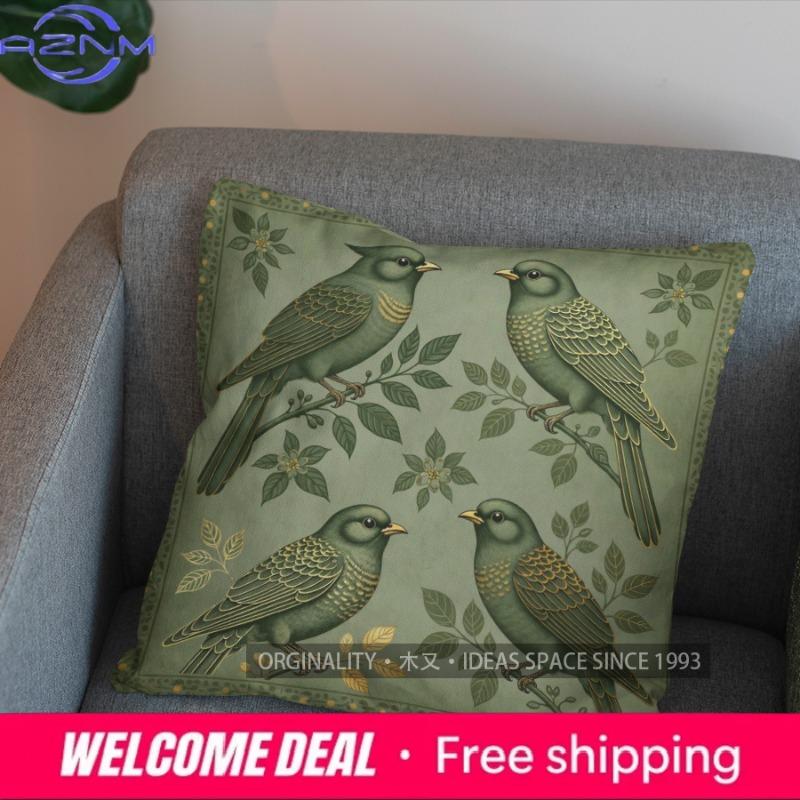 2D Enchanted Green Birds And Leaves Cushion Cover Pattern Cushion Cover Suitable For Sofa Bedroom Car Pillow Cover