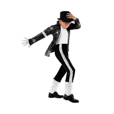 (Height 115-125cm) Boy Michael Jackson Billie Jean Black Suit Dance Disco Halloween Fancy Dress Up 80s Pop King Costume for Kids