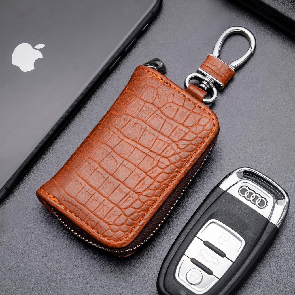 Genuine Leather Double Layer Car Key Case Crocodile Print Zipper Holder Keychain Organizer For Men Women Key Wallet Accessories
