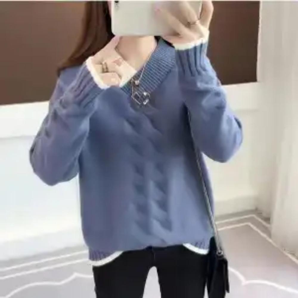 New Autumn and Winter Fashion Korean Version Lazy Style Color Blocking V-neck Plush Loose and Versatile Women's Knitted Sweater