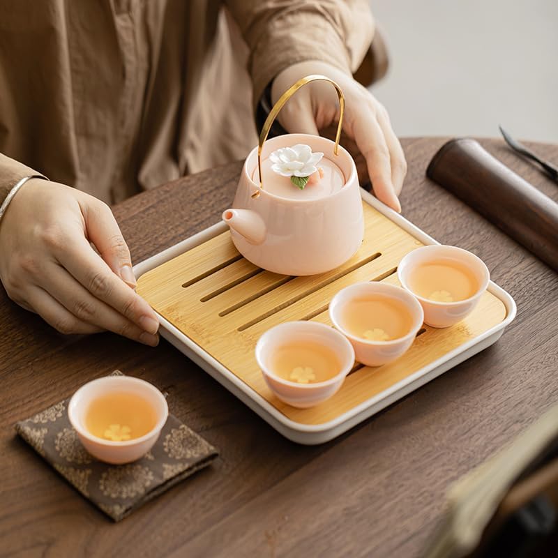 Chinese Porcelain Tea Set, Pink Kungfu Teapot Set with 1 Teapot, 4 Tea Cups, 1 Tea Tray, Golden Handle Tea Pot Teasets for Home Tea Party Women Gift