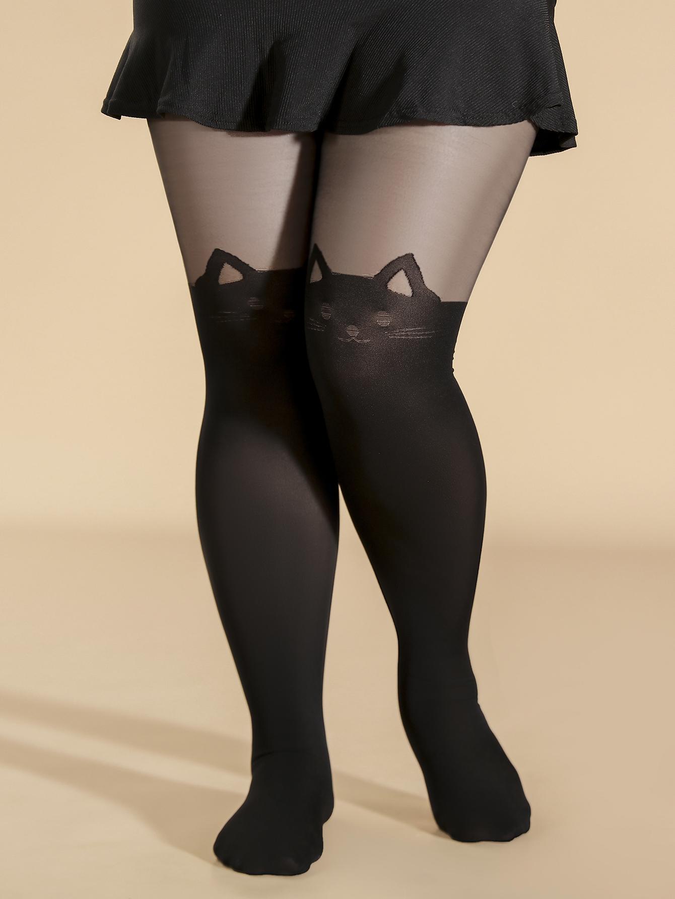 

Plus Size Sexy Stockings For 0Xl-1Xl, Women S Plus Cat Jacquard Colorblock Semi Sheer High Rise Pantyhose Q1-Q2