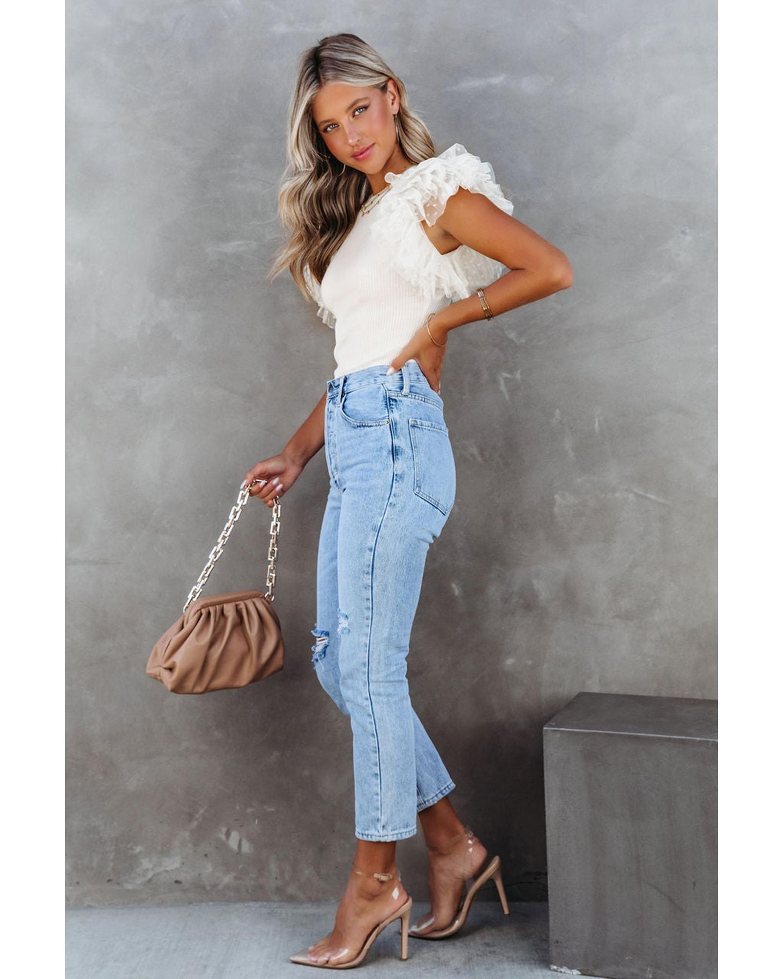 

Azura Exchange Dotty Mesh Ruffle Sleeve Ribbed Knit Top S бежевый