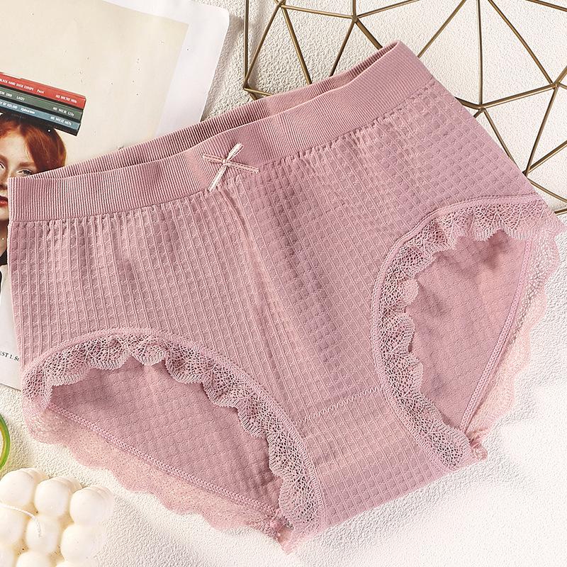 Women's Plaid Lace Edge Seamless Waffle Underwear with Graphene Crotch and Bowknot