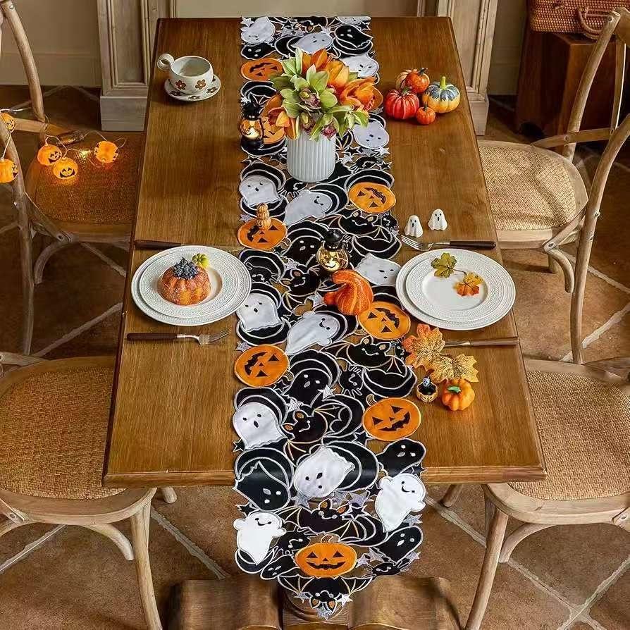 35x88cm Halloween Table Runner Pumpkin Ghost Bat Spiderweb Embroidered Tablecloth Vintage Fall Dining Party Cabinet Decor