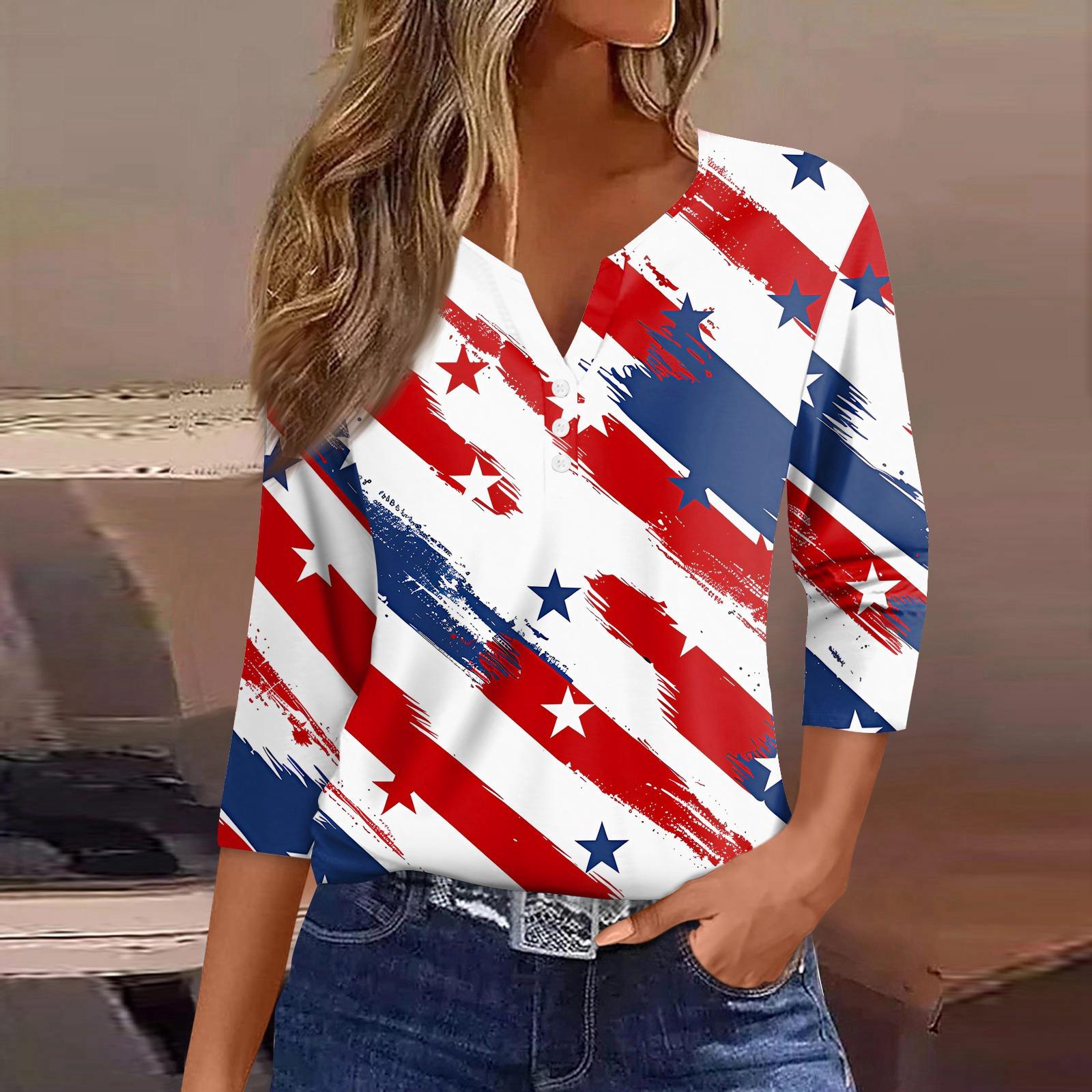 

Женская футболка Принт День Независимости Пуговица 3/4 рукава Повседневная Мода для выходных Базовая V-образный вырез Обычный топ L красный