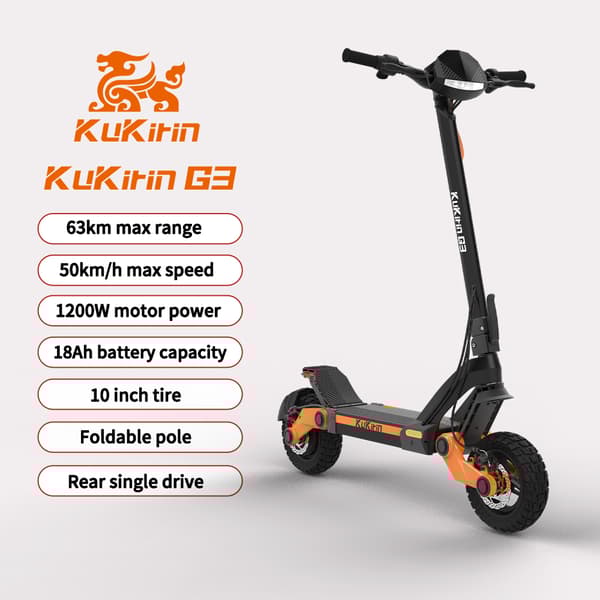KuKirin G3 1200W Foldable Electric Scooter 52V18Ah Battery 63KM Range 50km/h 10-Inch Off-Road Tire IP54 E-Bike