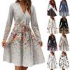 Damenmode Lässig V-Ausschnitt Langarm Taille Blumenmuster Midi-Kleid