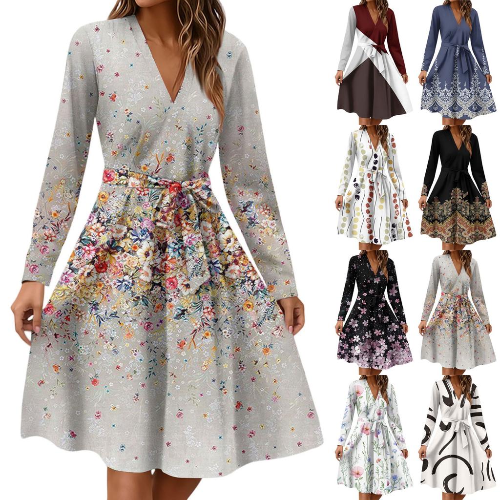 Women's Fashion Casual V-Neck Long Sleeve Waist Floral Print Midi Dress