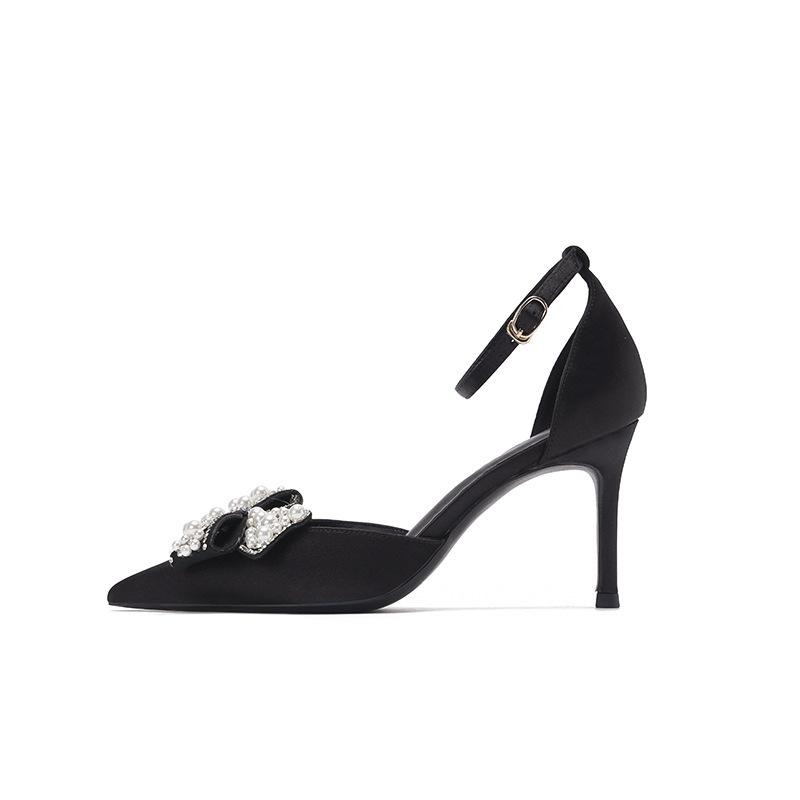 

мода Модные женские туфли на высоком каблуке со стразами и бантом, белые, с острым носком, сандалии-шпильки из атласа для женщин, универсальные сандалии премиум-класса 40