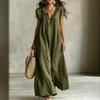 European and American Large Size Bohemian Vacation Long Dress Army Green Ruffle Edge V Neck Loose and Thin Cotton and Linen Sleeveless
