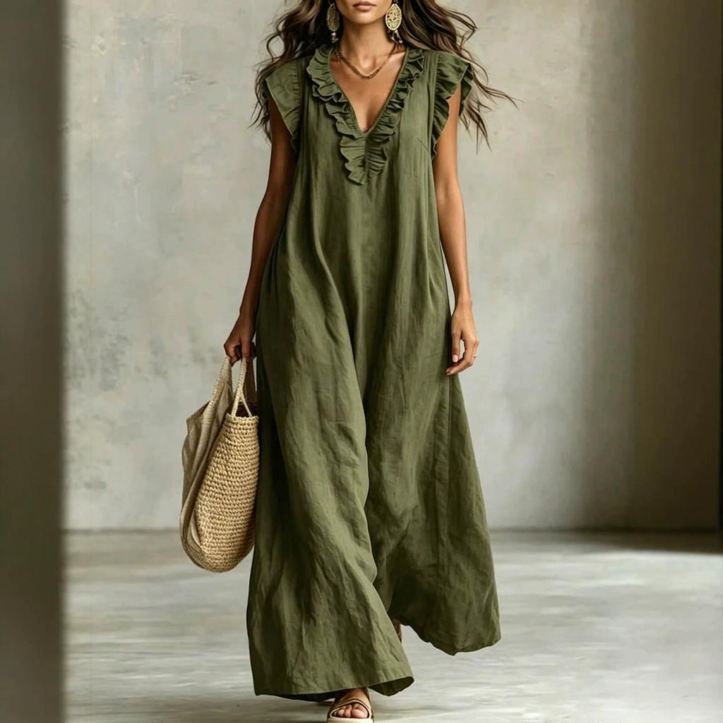 European and American Large Size Bohemian Vacation Long Dress Army Green Ruffle Edge V Neck Loose and Thin Cotton and Linen Sleeveless