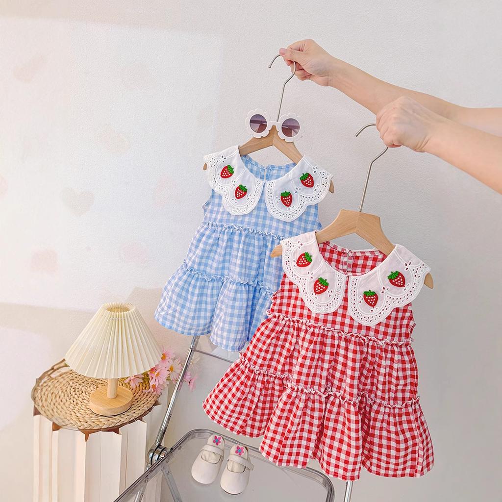 Girls Sleeveless Plaid Dress With Doll Collar Cute Princess Casual Summer Spring Autumn Outfit For Kids