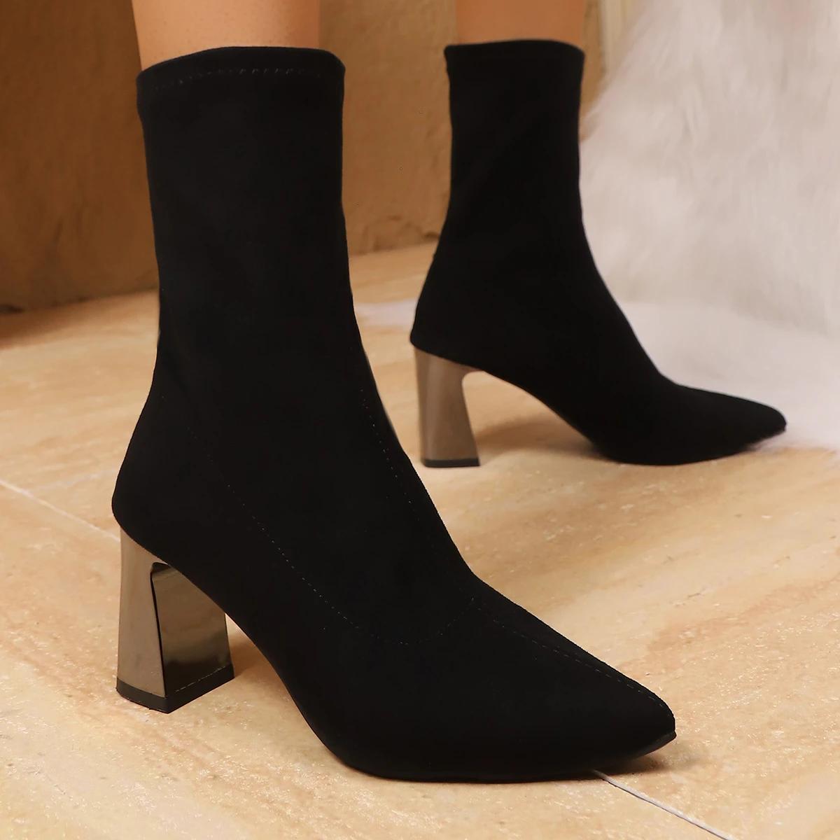 

Fashion Women Ankle Boots British Style Fashion Shoes for Women 2025 New Thick Heel Slim Boots Women Autumn/winter Sexy Elastic Boots 36 чёрный