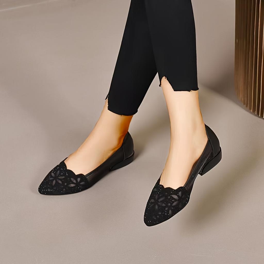 Women's Summer Soft-Sole Sandals Women's Mesh Soft-Leather Flats Low-Cut Leather Shoes Chunky-Heel Round-Toe Openwork Shoes