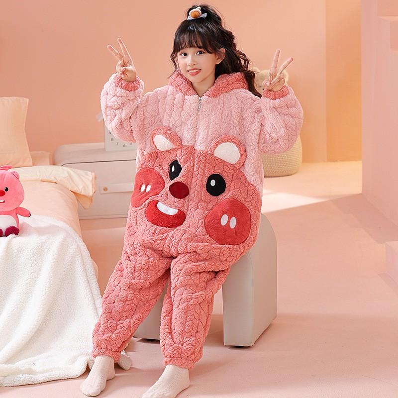 Girls Warm Coral Fleece Pajama Set With Feet Winter Sleepwear Toddlers 3-8 Years Soft Cozy One-Piece Sleepsuit